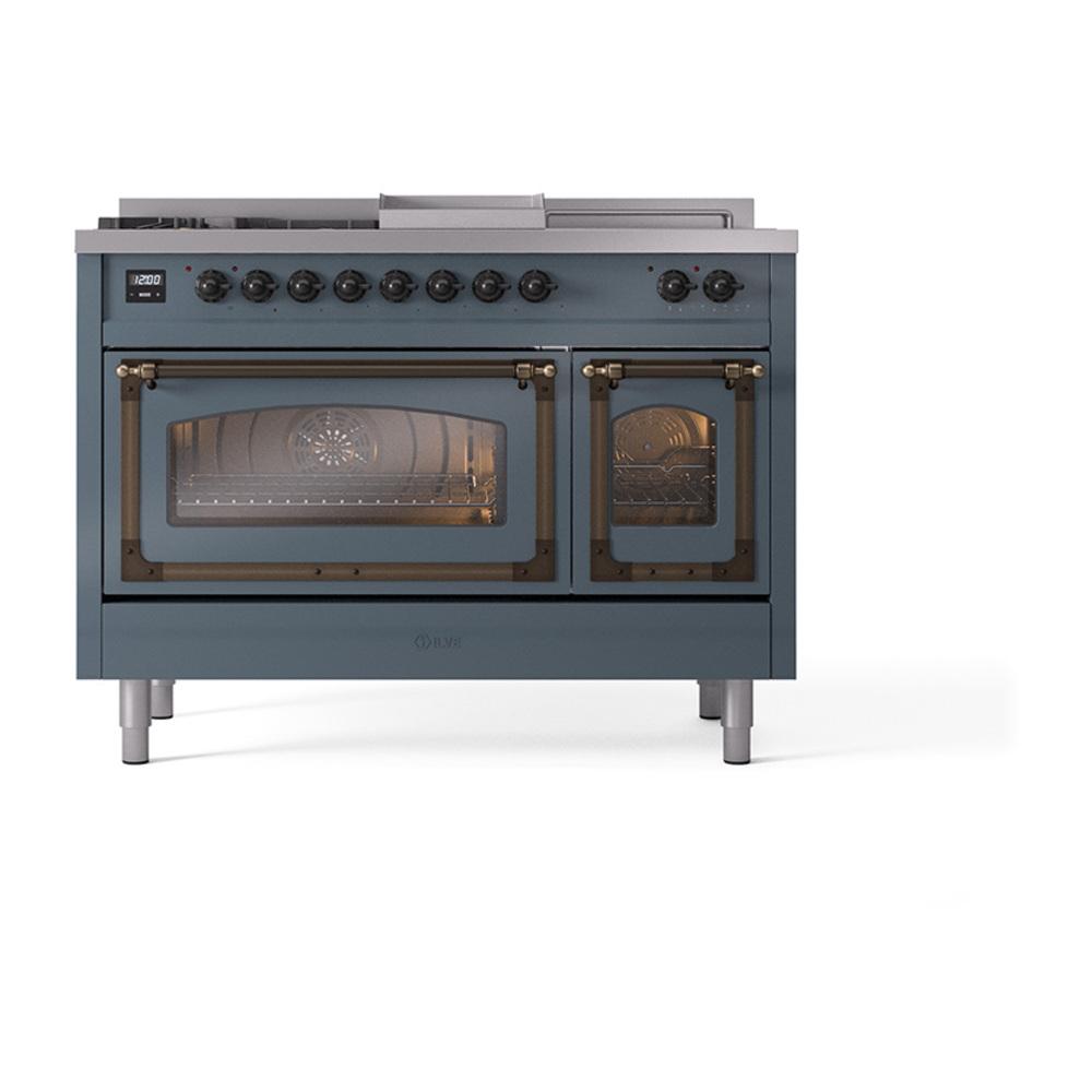 Ilve UN48FSNMPBGB Ilve Un48Fsnmpbgb Nostalgie Ii Noblesse 48" Dual Fuel Range (5 Sealed Burners + Griddle + French Top, Natural Gas, Triple Glass Door, Blue Grey, Burnished)