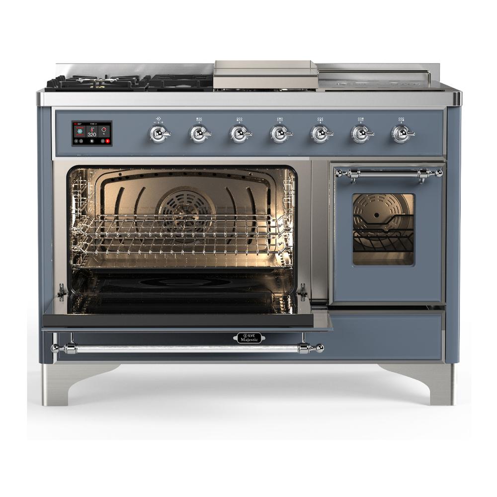 Ilve UM48FSNR3BGCLP Ilve Um48Fsnr3Bgclp Majestic Iii 48 Inch Dual Fuel Range With 5 Black Brass Burners, Griddle And French Top, Dual Function Burner Up To 25,000 Btu (Liquid Propane, Triple Glass Door, Blue Grey, Chrome)
