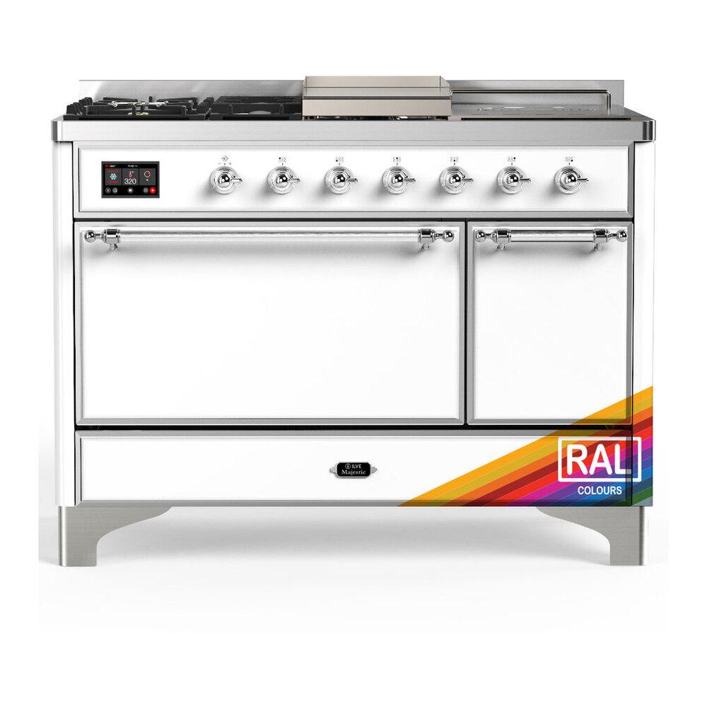 Ilve UM48FSQNR3RACLP Ilve Um48Fsqnr3Raclp Majestic Iii 48 Inch Dual Fuel Range With 5 Black Brass Burners, Griddle And French Top, Dual Function Burner Up To 25,000 Btu (Liquid Propane, Solid Door, Ral, Chrome)