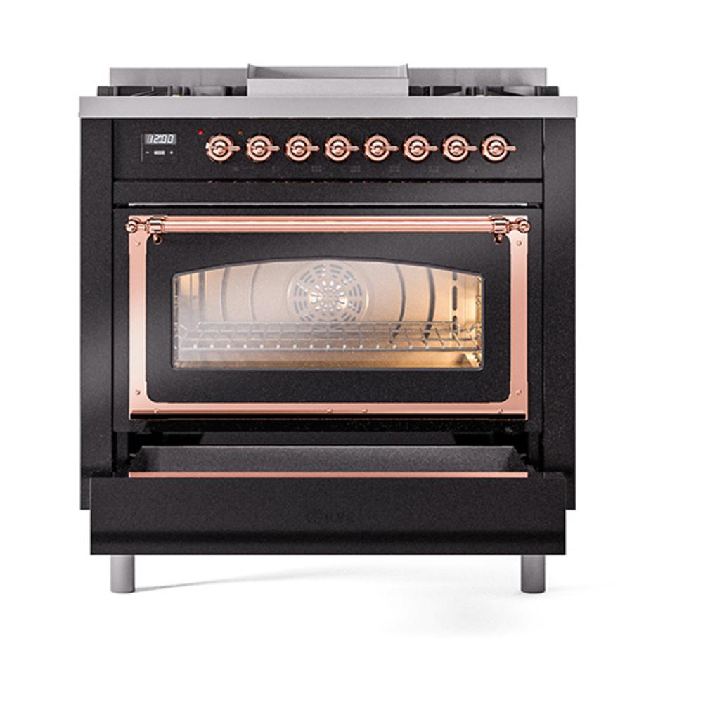 Ilve UN36FNMPBKPLP Ilve Un36Fnmpbkplp Nostalgie Ii Noblesse 36" Dual Fuel Range (Liquid Propane, Triple Glass Door, Glossy Black, Copper)