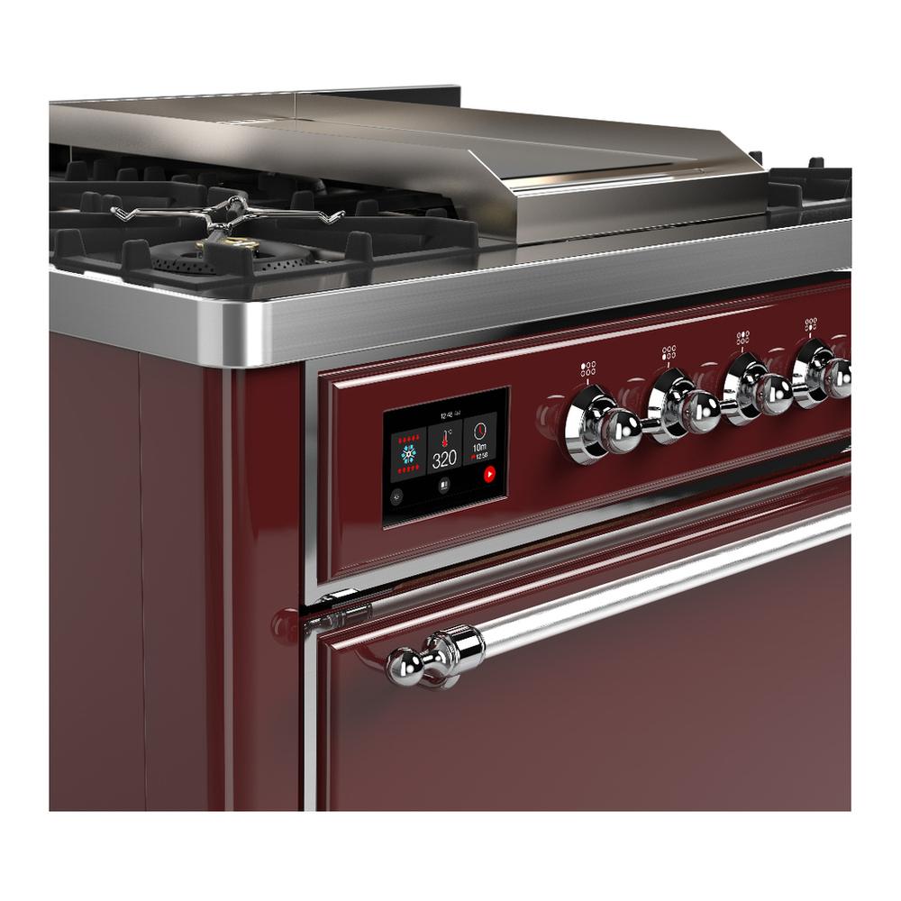Ilve UM36FQNR3BUC Ilve Um36Fqnr3Buc Majestic Iii 36 Inch Dual Fuel Range With 6 Black Brass Burners And Griddle, Dual Function Burner Up To 25,000 Btu (Solid Door, Burgundy, Chrome, Natural Gas)