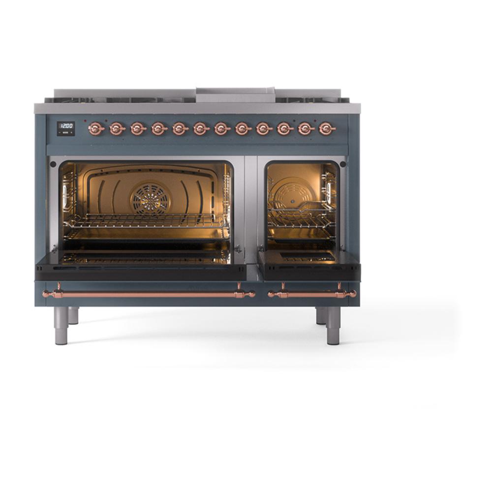Ilve UN48FQNMPBGPLP Ilve Un48Fqnmpbgplp Nostalgie Ii Noblesse 48" Dual Fuel Range (8 Sealed Burners + Griddle, Liquid Propane, Solid Door, Blue Grey, Copper)