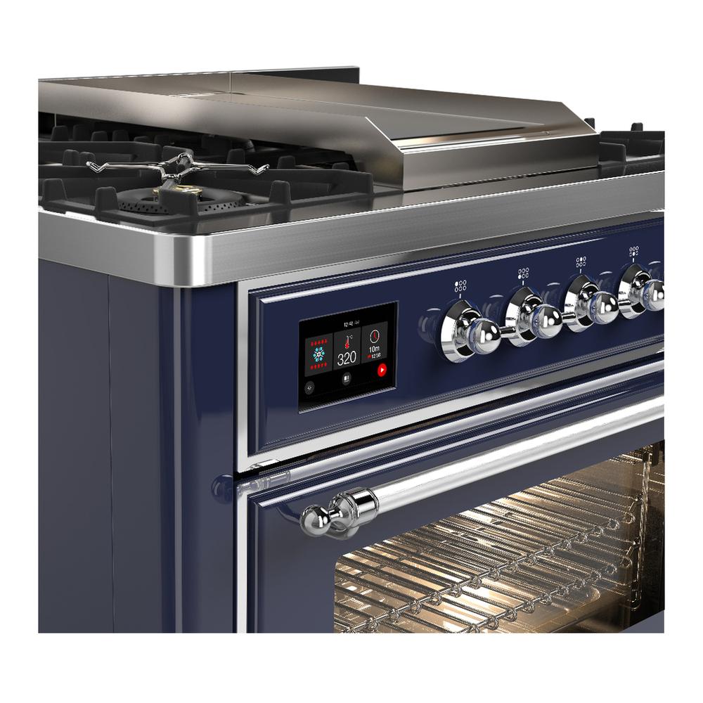 Ilve UM36FNR3MBC Ilve Um36Fnr3Mbc Majestic Iii 36 Inch Dual Fuel Range With 6 Black Brass Burners And Griddle, Dual Function Burner Up To 25,000 Btu (Triple Glass Door, Midnight Blue, Chrome, Natural Gas)