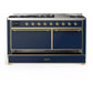 Ilve UM60FQNR3MBG Ilve Um60Fqnr3Mbg Majestic Iii 60 Inch Dual Fuel Range With 9 Burners And Griddle, Dual Function Burner Up To 25,000 Btu (Natural Gas, Solid Door, Midnight Blue, Brass)