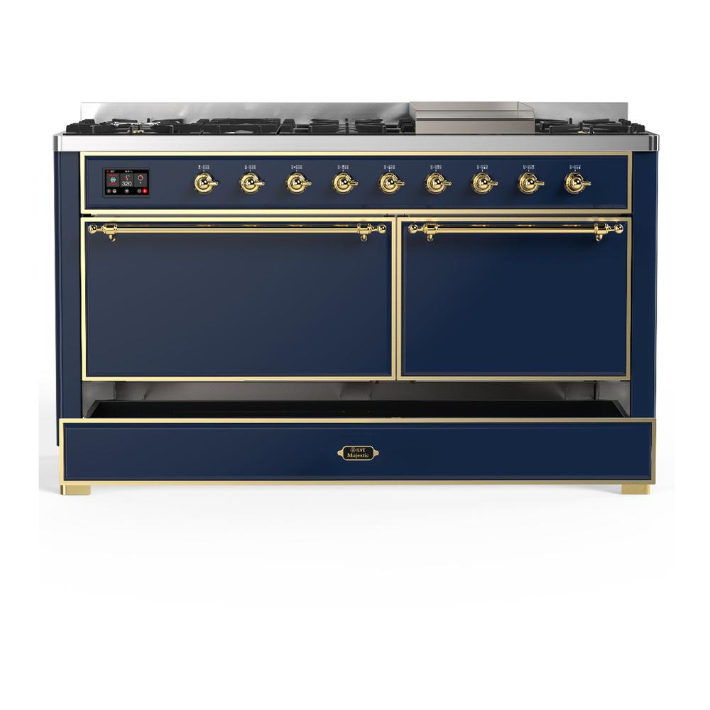 Ilve UM60FQNR3MBG Ilve Um60Fqnr3Mbg Majestic Iii 60 Inch Dual Fuel Range With 9 Burners And Griddle, Dual Function Burner Up To 25,000 Btu (Natural Gas, Solid Door, Midnight Blue, Brass)