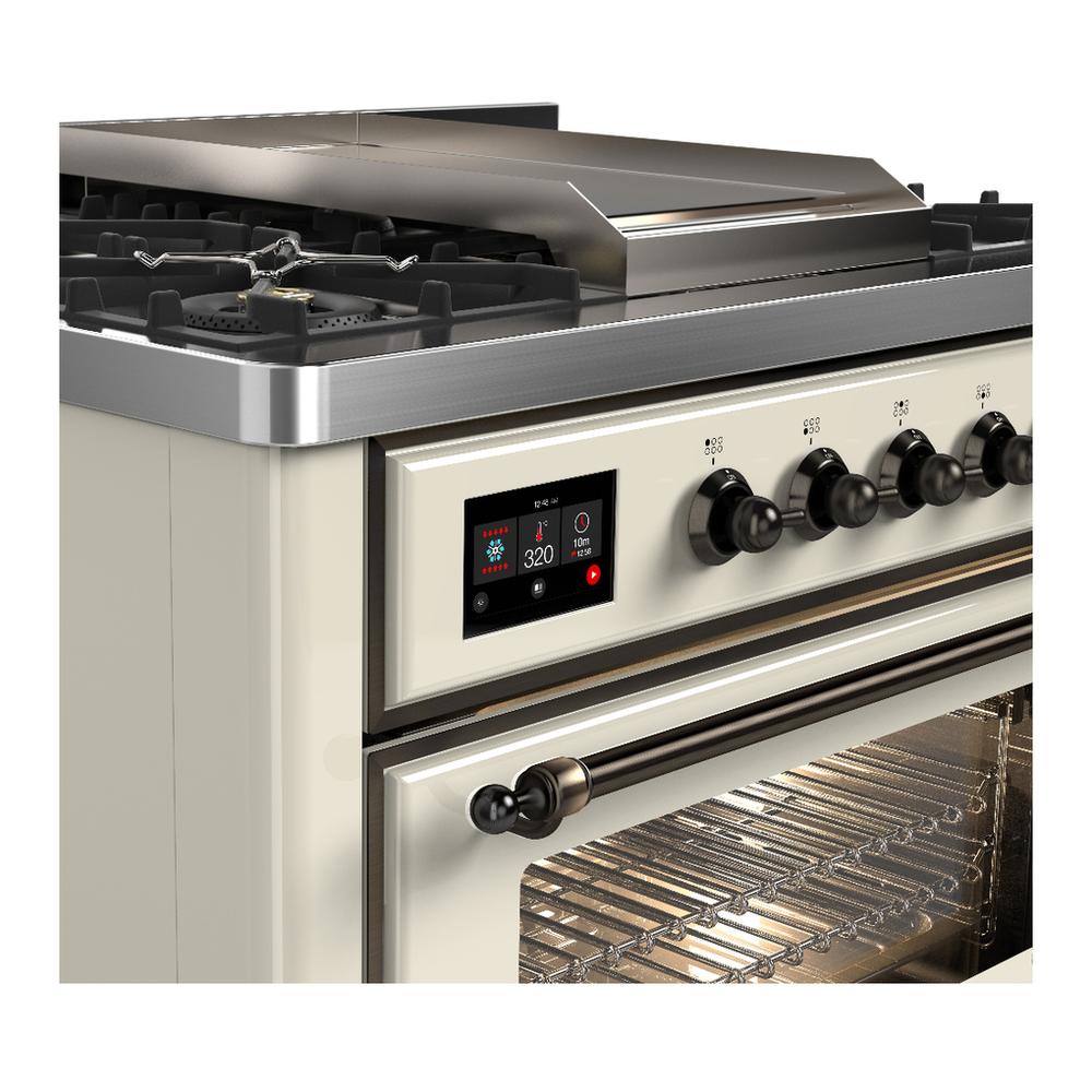 Ilve UM36FNR3AWBLP Ilve Um36Fnr3Awblp Majestic Iii 36 Inch Dual Fuel Range With 6 Black Brass Burners And Griddle, Dual Function Burner Up To 25,000 Btu (Triple Glass Door, Antique White, Burnished, Liquid Propane)