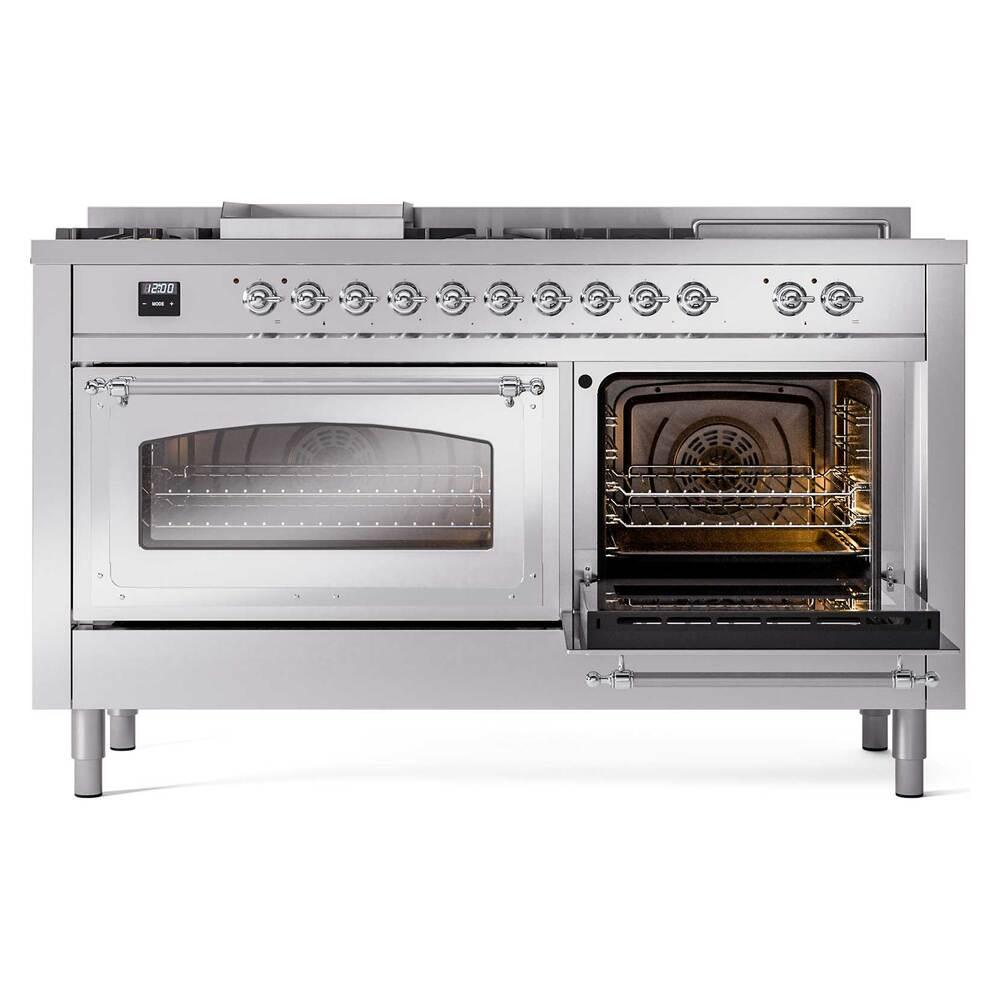 Ilve UN60FSNMPSSCLP Ilve Un60Fsnmpssclp Nostalgie Ii Noblesse 60" Dual Fuel Range (7 Sealed Burners + Griddle + French Top, Liquid Propane, Triple Glass Door, Stainless Steel, Chrome)