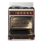 Ilve UM30NR3BUG Ilve Um30Nr3Bug Majestic Iii 30 Inch Dual Fuel Range With 5 Black Brass Burners, Dual Function Burner Up To 25,000 Btu (Natural Gas, Triple Glass Door, Burgundy, Brass)