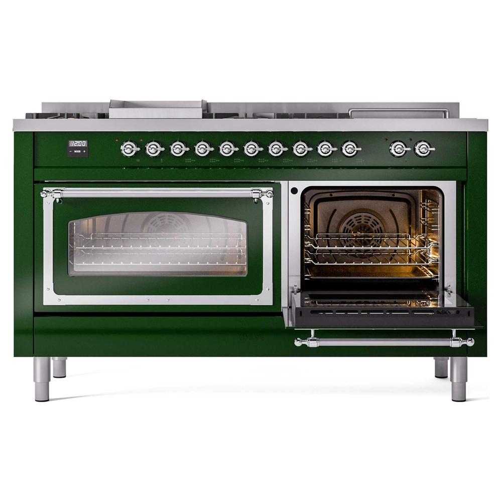 Ilve UN60FSNMPEGCLP Ilve Un60Fsnmpegclp Nostalgie Ii Noblesse 60" Dual Fuel Range (7 Sealed Burners + Griddle + French Top, Liquid Propane, Triple Glass Door, Emerald Green, Chrome)