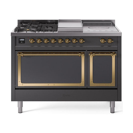 Ilve UN48FSQNMPMGG Ilve Un48Fsqnmpmgg Nostalgie Ii Noblesse 48" Dual Fuel Range (5 Sealed Burners + Griddle + French Top, Natural Gas, Solid Door, Graphite Matte, Brass)