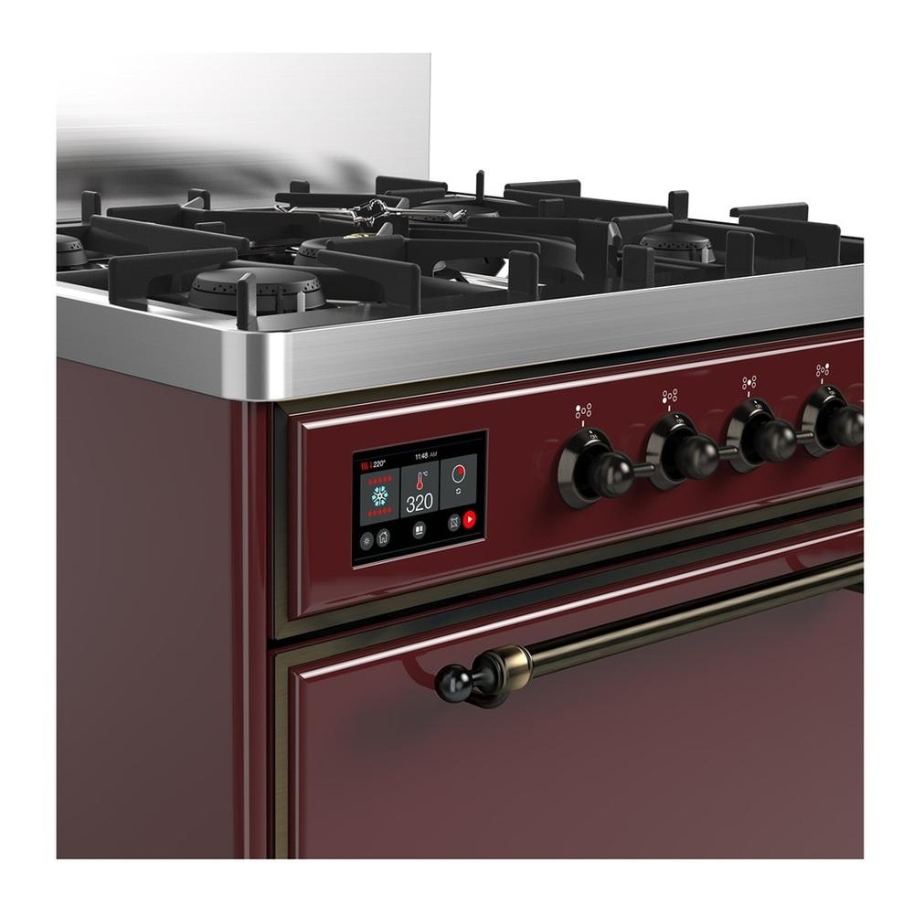 Ilve UM30QNR3BUBLP Ilve Um30Qnr3Bublp Majestic Iii 30 Inch Dual Fuel Range With 5 Black Brass Burners, Dual Function Burner Up To 25,000 Btu (Liquid Propane, Solid Door, Burgundy, Burnished)