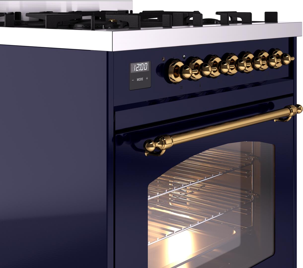 Ilve UP30NMPMBG Nostalgie Ii 30 Inch Dual Fuel Natural Gas Freestanding Range In Blue With Brass Trim