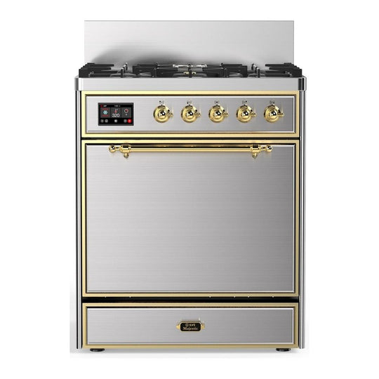Ilve UM30QNR3SSG Ilve Um30Qnr3Ssg Majestic Iii 30 Inch Dual Fuel Range With 5 Black Brass Burners, Dual Function Burner Up To 25,000 Btu (Natural Gas, Solid Door, Stainless Steel, Brass)