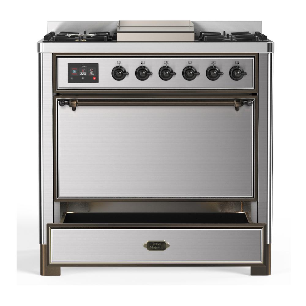 Ilve UM36FQNR3SSB Ilve Um36Fqnr3Ssb Majestic Iii 36 Inch Dual Fuel Range With 6 Black Brass Burners And Griddle, Dual Function Burner Up To 25,000 Btu (Solid Door, Stainless Steel, Burnished, Natural Gas)