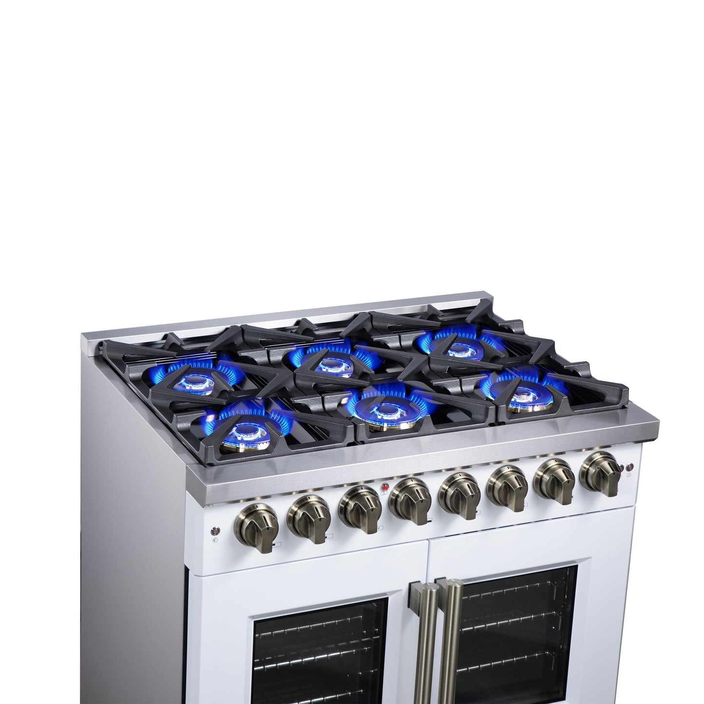Forno FFSGS638736WHT Forno Capriasca 36 Inch Freestanding French Door Dual Fuel Range In White With Antique Brass Accessories, 6 Burners, True Convection Oven