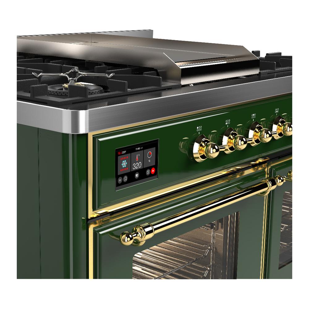 Ilve UMD40FNR3EGG Ilve Umd40Fnr3Egg Majestic Iii 40 Inch Dual Fuel Range With 6 Burners And Griddle, Dual Function Burner Up To 25,000 Btu (Natural Gas, Triple Glass Door, Emerald Green, Brass)