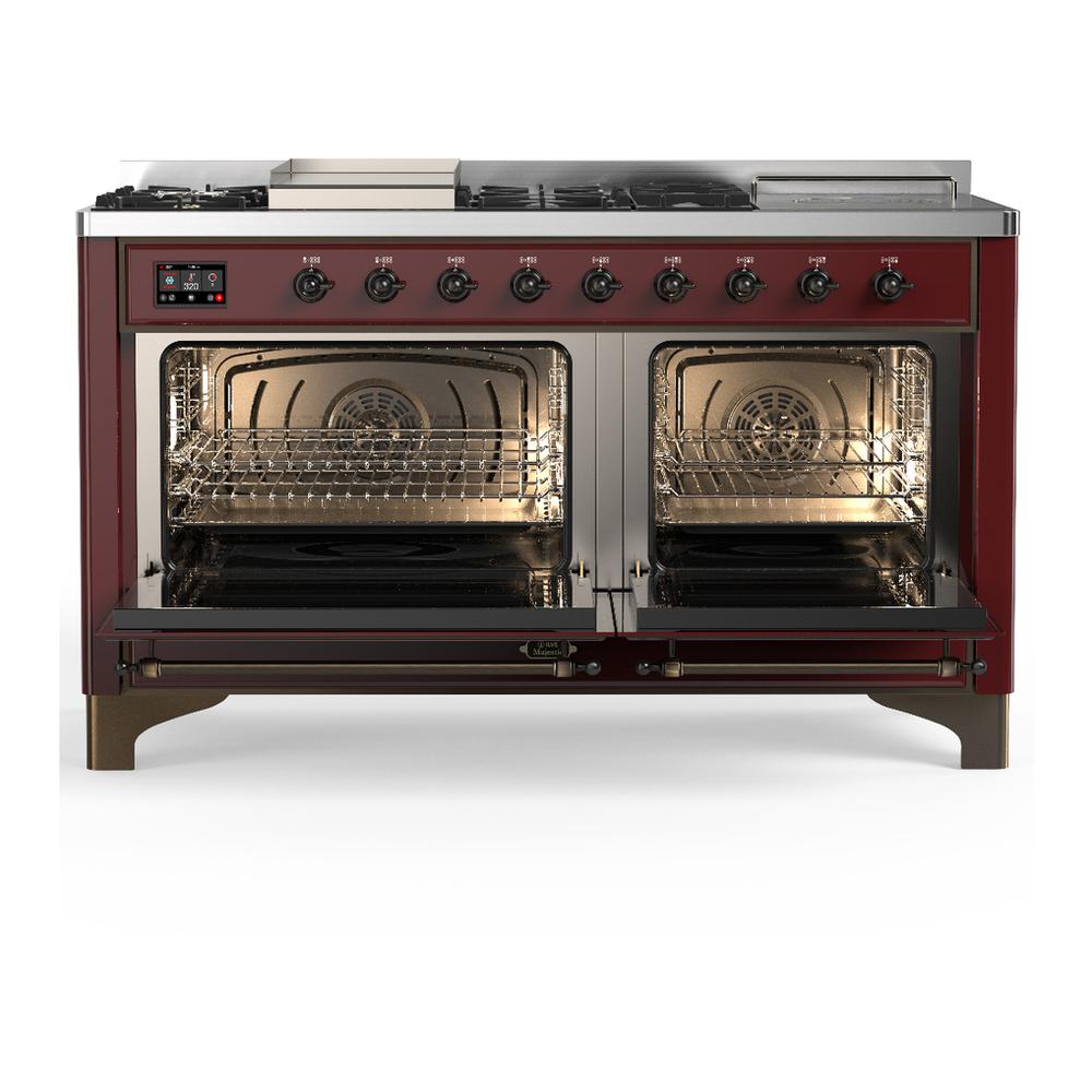Ilve UM60FSQNR3BUBLP Ilve Um60Fsqnr3Bublp Majestic Iii 60 Inch Dual Fuel Range With 7 Burners, Griddle And French Top, Dual Function Burner With Up To 25,000 Btu (Liquid Propane, Solid Door, Burgundy, Burnished)