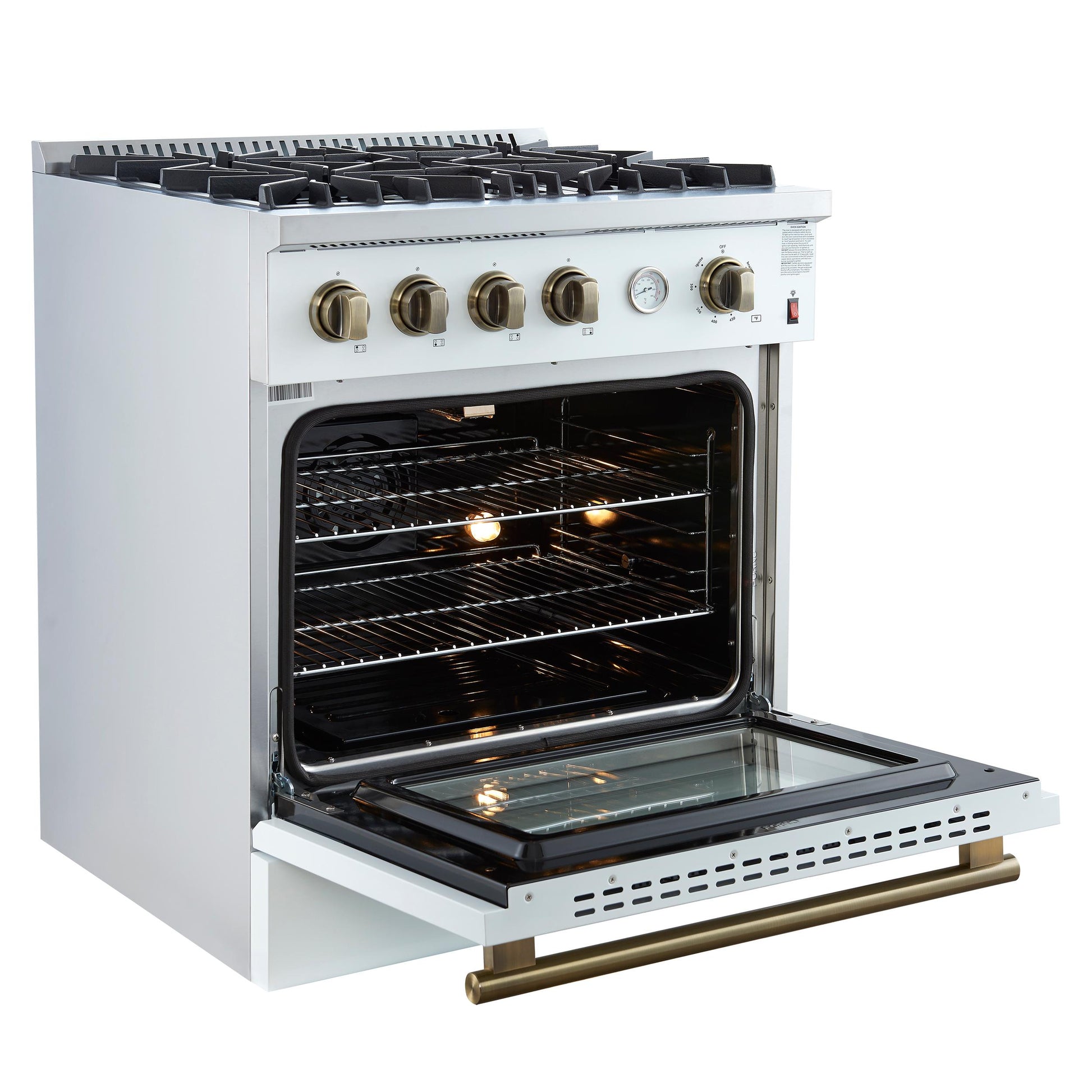 Forno FFSGS627730WHT Marco 30-Inch Gas Range White & Antique Brass Design, 4 Burners 37,000 Btu, 4.32 Cu.Ft. Convection Oven