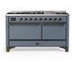 Ilve UM60FQNR3BGB Ilve Um60Fqnr3Bgb Majestic Iii 60 Inch Dual Fuel Range With 9 Burners And Griddle, Dual Function Burner Up To 25,000 Btu (Natural Gas, Solid Door, Blue Grey, Burnished)