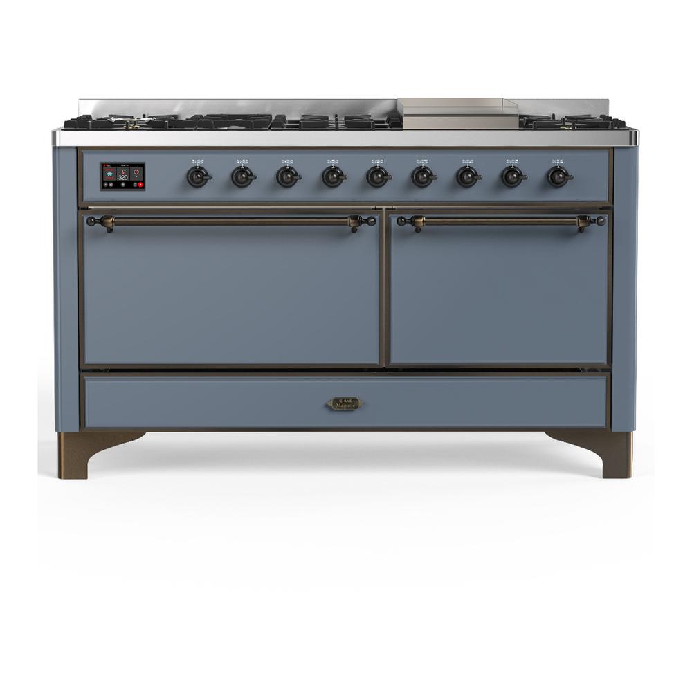 Ilve UM60FQNR3BGB Ilve Um60Fqnr3Bgb Majestic Iii 60 Inch Dual Fuel Range With 9 Burners And Griddle, Dual Function Burner Up To 25,000 Btu (Natural Gas, Solid Door, Blue Grey, Burnished)