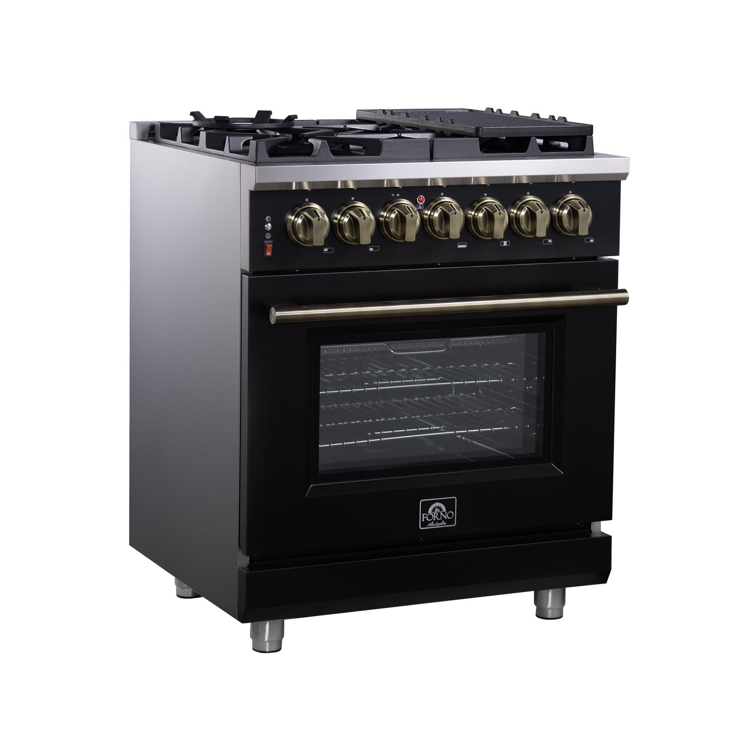 Forno FFSGS612530BLK Forno Massimo 30-Inch Freestanding Dual Fuel Range In Black With Antique Brass Accessories, 4 Burners, 4.32 Cu. Ft. Convection Oven