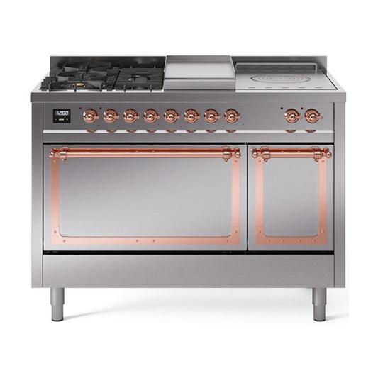 Ilve UN48FSQNMPSSP Ilve Un48Fsqnmpssp Nostalgie Ii Noblesse 48" Dual Fuel Range (5 Sealed Burners + Griddle + French Top, Natural Gas, Solid Door, Stainless Steel, Copper)