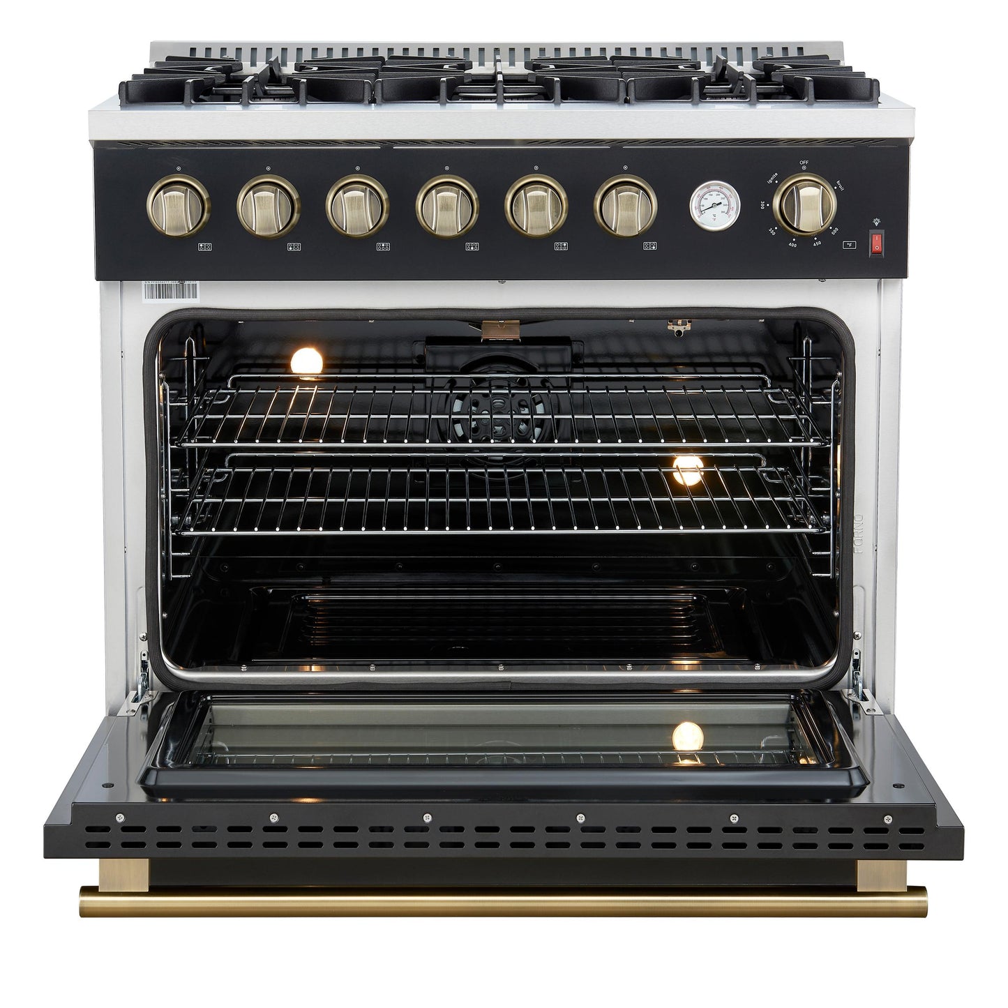 Forno FFSGS627736BLK Marco 36-Inch Gas Range Black & Antique Brass Design, 6 Burners 67,000 Btu, 5.36 Cu.Ft. Convection Oven