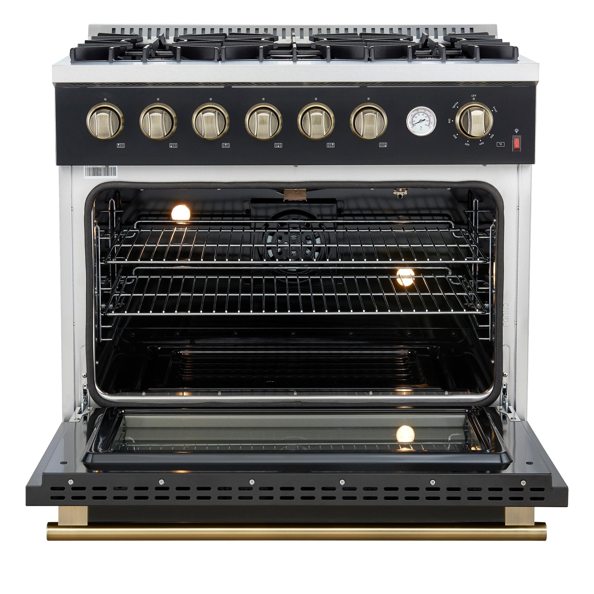 Forno FFSGS627736BLK Marco 36-Inch Gas Range Black & Antique Brass Design, 6 Burners 67,000 Btu, 5.36 Cu.Ft. Convection Oven