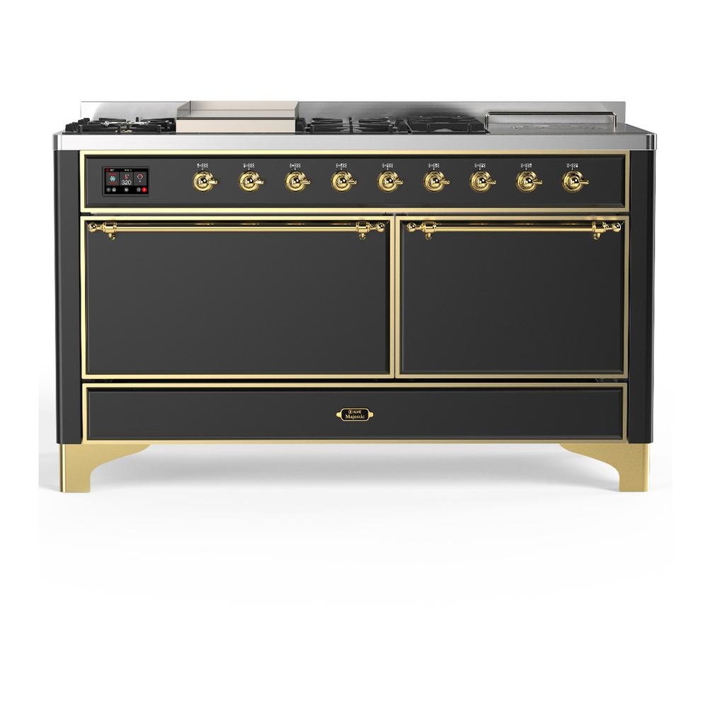 Ilve UM60FSQNR3MGGLP Ilve Um60Fsqnr3Mgglp Majestic Iii 60 Inch Dual Fuel Range With 7 Burners, Griddle And French Top, Dual Function Burner With Up To 25,000 Btu (Liquid Propane, Solid Door, Graphite Matte, Brass)