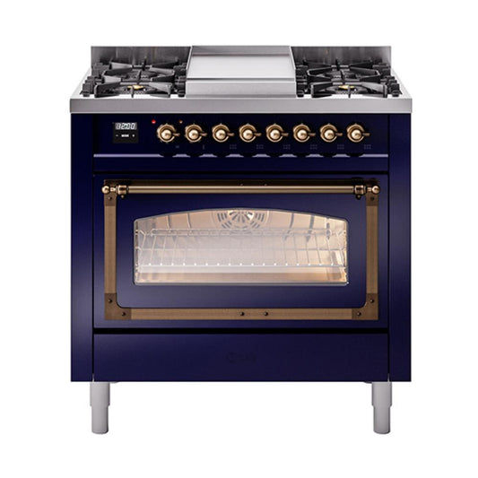 Ilve UN36FNMPMBBLP Ilve Un36Fnmpmbblp Nostalgie Ii Noblesse 36" Dual Fuel Range (Liquid Propane, Triple Glass Door, Midnight Blue, Burnished)