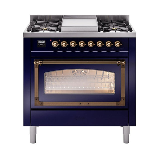 Ilve UN36FNMPMBBLP Ilve Un36Fnmpmbblp Nostalgie Ii Noblesse 36" Dual Fuel Range (Liquid Propane, Triple Glass Door, Midnight Blue, Burnished)