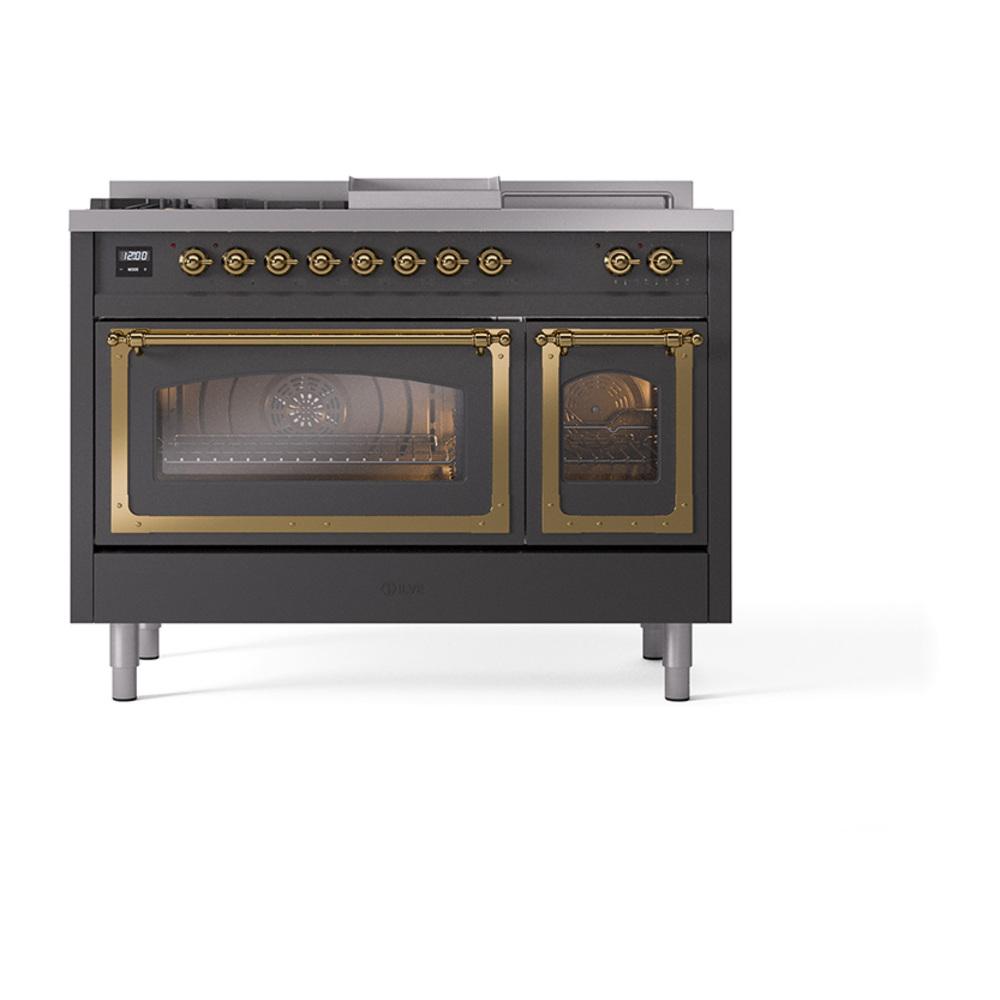 Ilve UN48FSNMPMGG Ilve Un48Fsnmpmgg Nostalgie Ii Noblesse 48" Dual Fuel Range (5 Sealed Burners + Griddle + French Top, Natural Gas, Triple Glass Door, Graphite Matte, Brass)