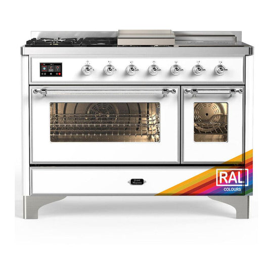 Ilve UM48FSNR3RACLP Ilve Um48Fsnr3Raclp Majestic Iii 48 Inch Dual Fuel Range With 5 Black Brass Burners, Griddle And French Top, Dual Function Burner Up To 25,000 Btu (Liquid Propane, Triple Glass Door, Ral, Chrome)