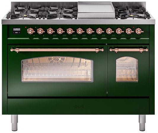 Ilve UP48FNMPEGPLP Nostalgie Ii 48 Inch Dual Fuel Liquid Propane Freestanding Range In Emerald Green With Copper Trim