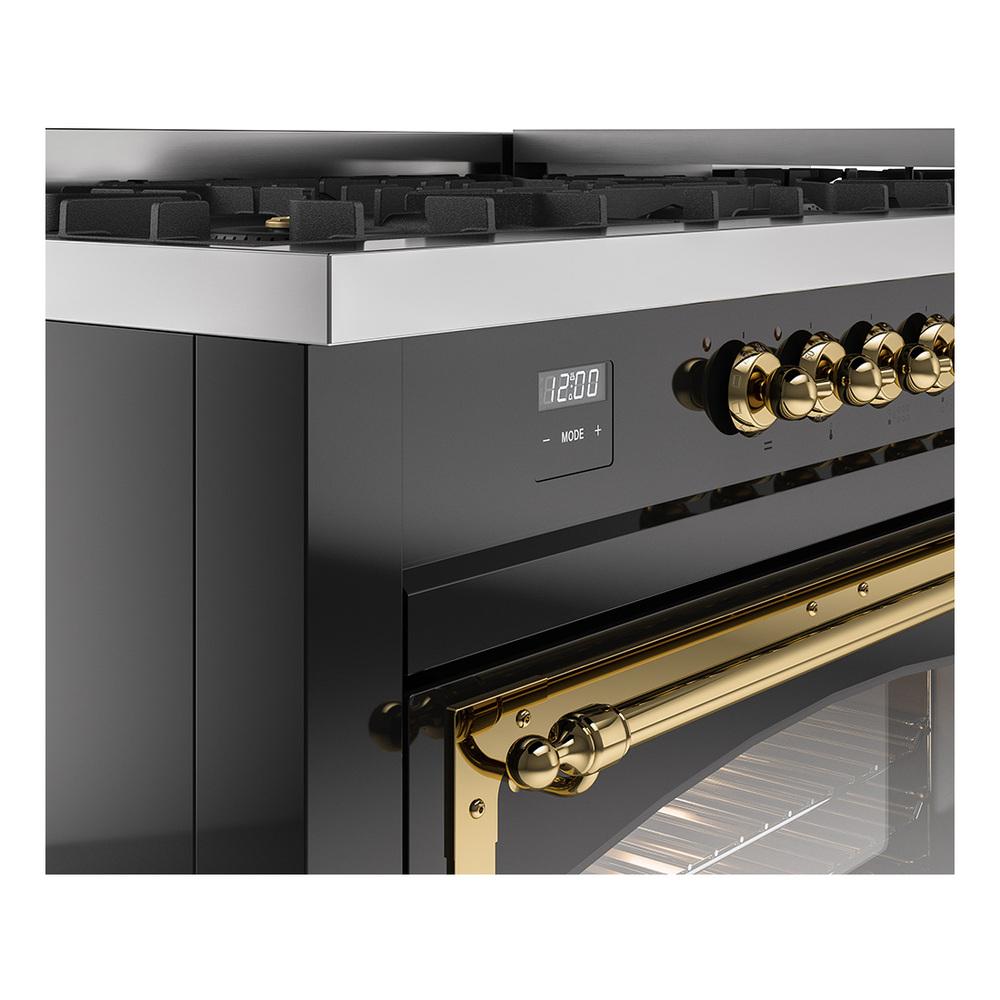 Ilve UN60FNMPBKG Ilve Un60Fnmpbkg Nostalgie Ii Noblesse 60" Dual Fuel Range (9 Sealed Burners + Griddle, Natural Gas, Triple Glass Door, Glossy Black, Brass)