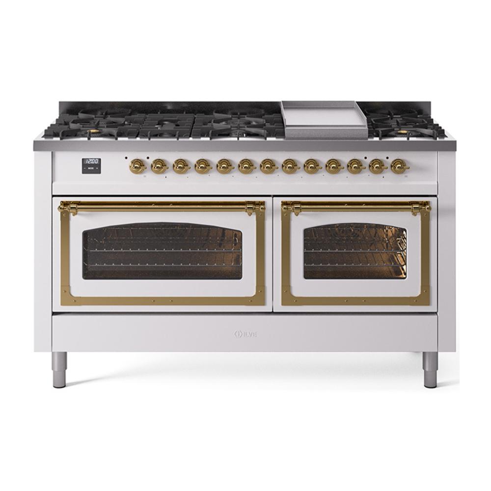 Ilve UN60FNMPWHG Ilve Un60Fnmpwhg Nostalgie Ii Noblesse 60" Dual Fuel Range (9 Sealed Burners + Griddle, Natural Gas, Triple Glass Door, White, Brass)