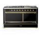 Ilve UM60FQNR3BKGLP Ilve Um60Fqnr3Bkglp Majestic Iii 60 Inch Dual Fuel Range With 9 Burners And Griddle, Dual Function Burner Up To 25,000 Btu (Liquid Propane, Solid Door, Glossy Black, Brass)