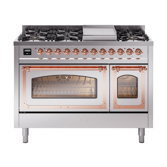Ilve UN48FNMPSSP Ilve Un48Fnmpssp Nostalgie Ii Noblesse 48" Dual Fuel Range (8 Sealed Burners + Griddle, Natural Gas, Triple Glass Door, Stainless Steel, Copper)