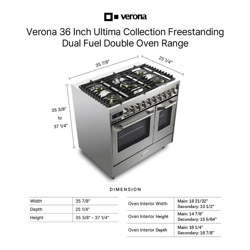 Verona VUFSGE365DSS Verona Vufsge365Dss 36 Inch Ultima Collection Double Oven Dual Fuel Range With 5 Brass Burners, 4.1 Cu. Ft. Total Oven Capacity