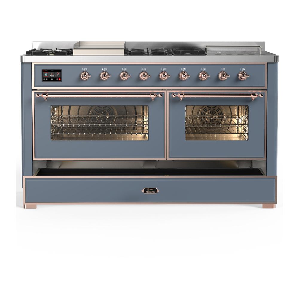 Ilve UM60FSNR3BGPLP Ilve Um60Fsnr3Bgplp Majestic Iii 60 Inch Dual Fuel Range With 7 Burners, Griddle And French Top, Dual Function Burner With Up To 25,000 Btu (Liquid Propane, Triple Glass Door, Blue Grey, Copper)
