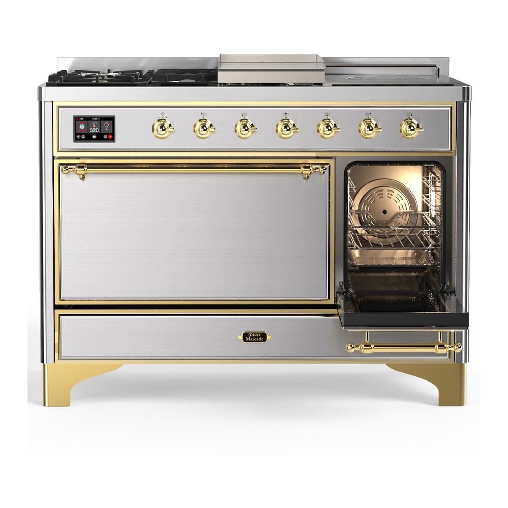 Ilve UM48FSQNR3SSG Ilve Um48Fsqnr3Ssg Majestic Iii 48 Inch Dual Fuel Range With 5 Black Brass Burners, Griddle And French Top, Dual Function Burner Up To 25,000 Btu (Natural Gas, Solid Door, Stainless Steel, Brass)