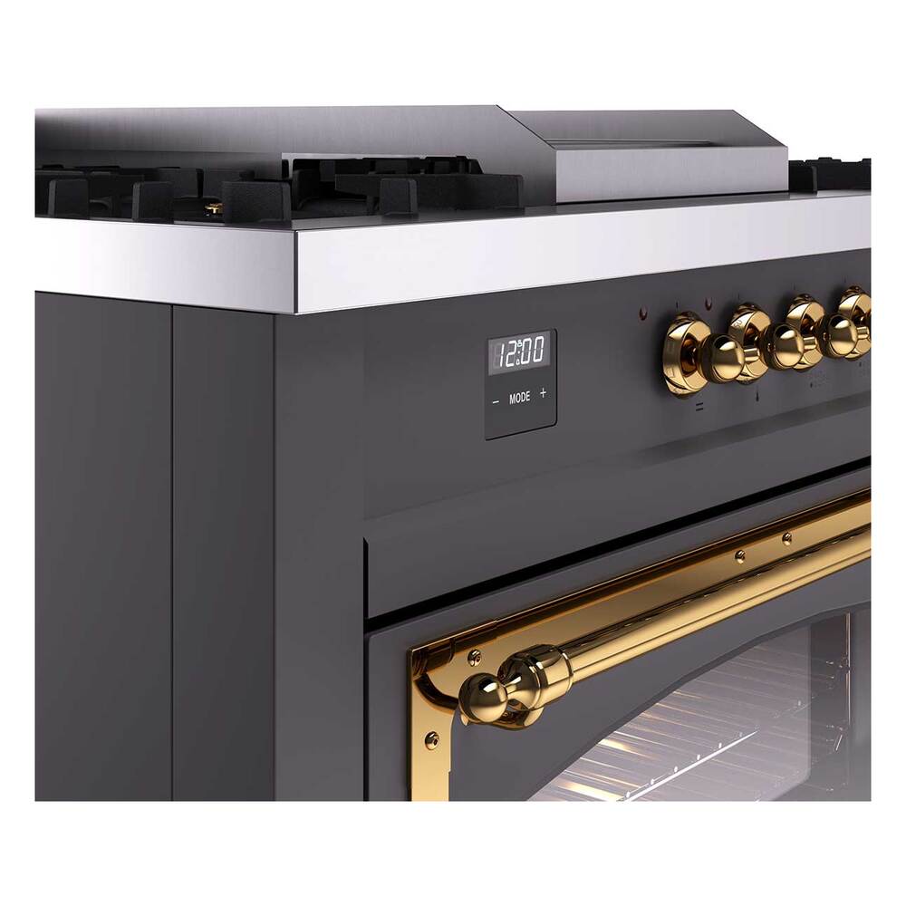 Ilve UN60FSNMPMGGLP Ilve Un60Fsnmpmgglp Nostalgie Ii Noblesse 60" Dual Fuel Range (7 Sealed Burners + Griddle + French Top, Liquid Propane, Triple Glass Door, Graphite Matte, Brass)
