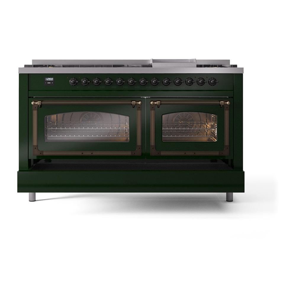 Ilve UN60FNMPEGBLP Ilve Un60Fnmpegblp Nostalgie Ii Noblesse 60" Dual Fuel Range (9 Sealed Burners + Griddle, Liquid Propane, Triple Glass Door, Emerald Green, Burnished)