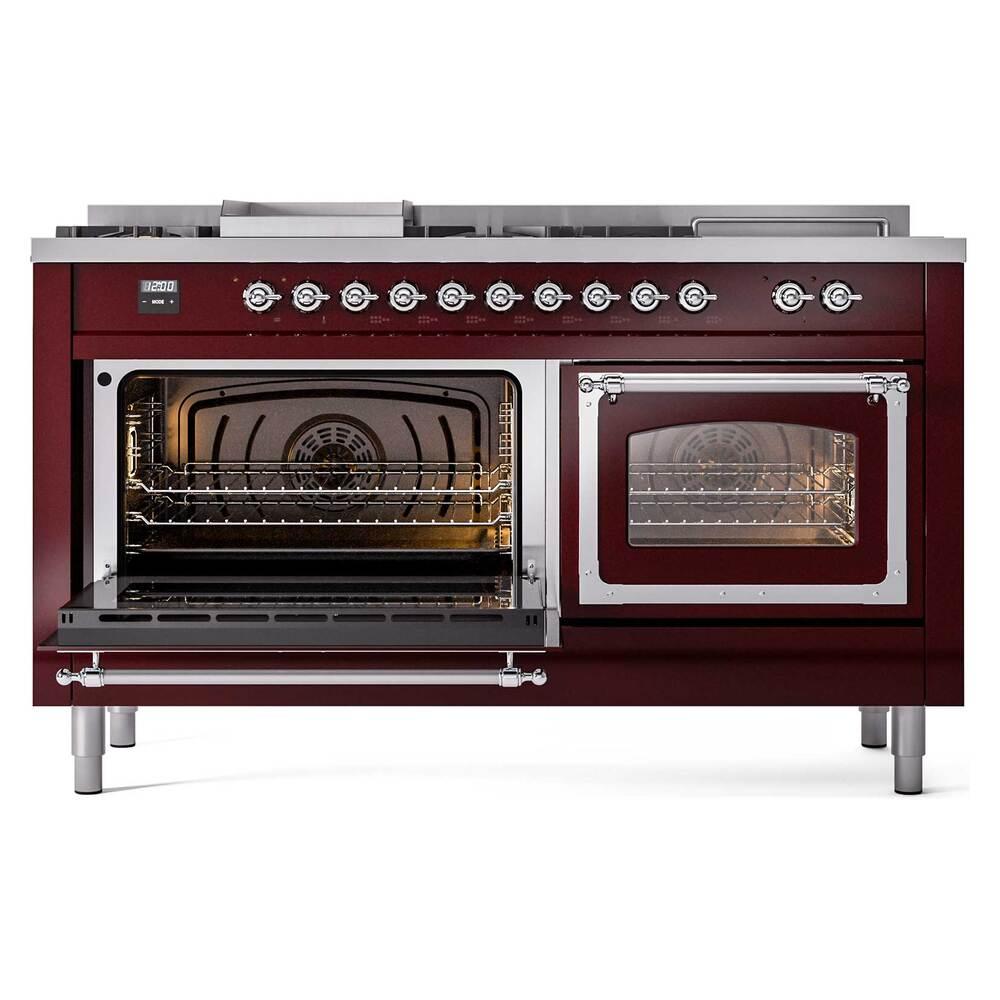 Ilve UN60FSNMPBUC Ilve Un60Fsnmpbuc Nostalgie Ii Noblesse 60" Dual Fuel Range (7 Sealed Burners + Griddle + French Top, Natural Gas, Triple Glass Door, Burgundy, Chrome)