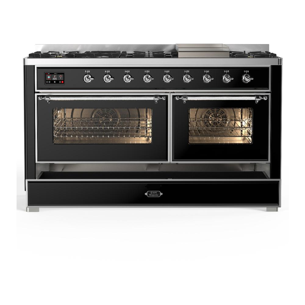 Ilve UM60FNR3BKCLP Ilve Um60Fnr3Bkclp Majestic Iii 60 Inch Dual Fuel Range With 9 Burners And Griddle, Dual Function Burner Up To 25,000 Btu (Liquid Propane, Triple Glass Door, Glossy Black, Chrome)