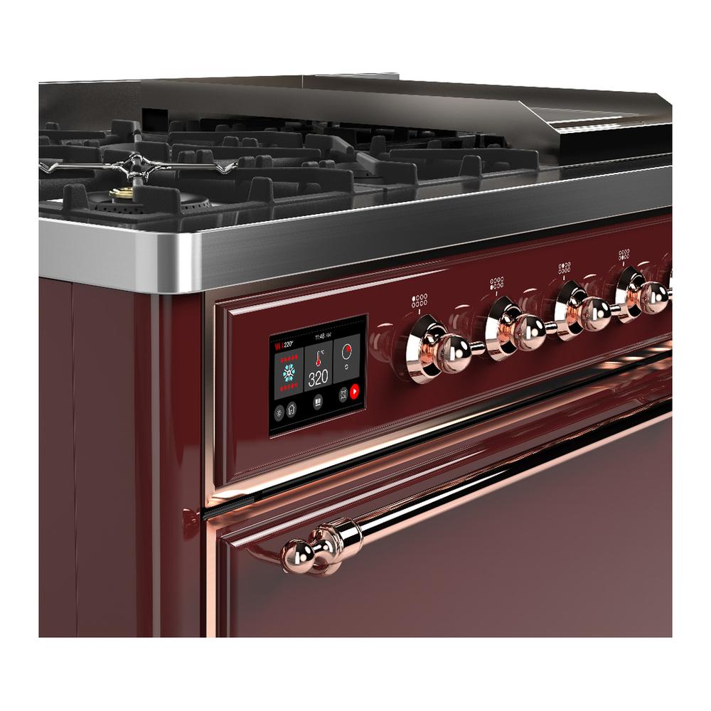 Ilve UM48FQNR3BUPLP Ilve Um48Fqnr3Buplp Majestic Iii 48 Inch Dual Fuel Range With 8 Burners And Griddle, Dual Function Burner Up To 25,000 Btu (Liquid Propane, Solid Door, Burgundy, Copper)