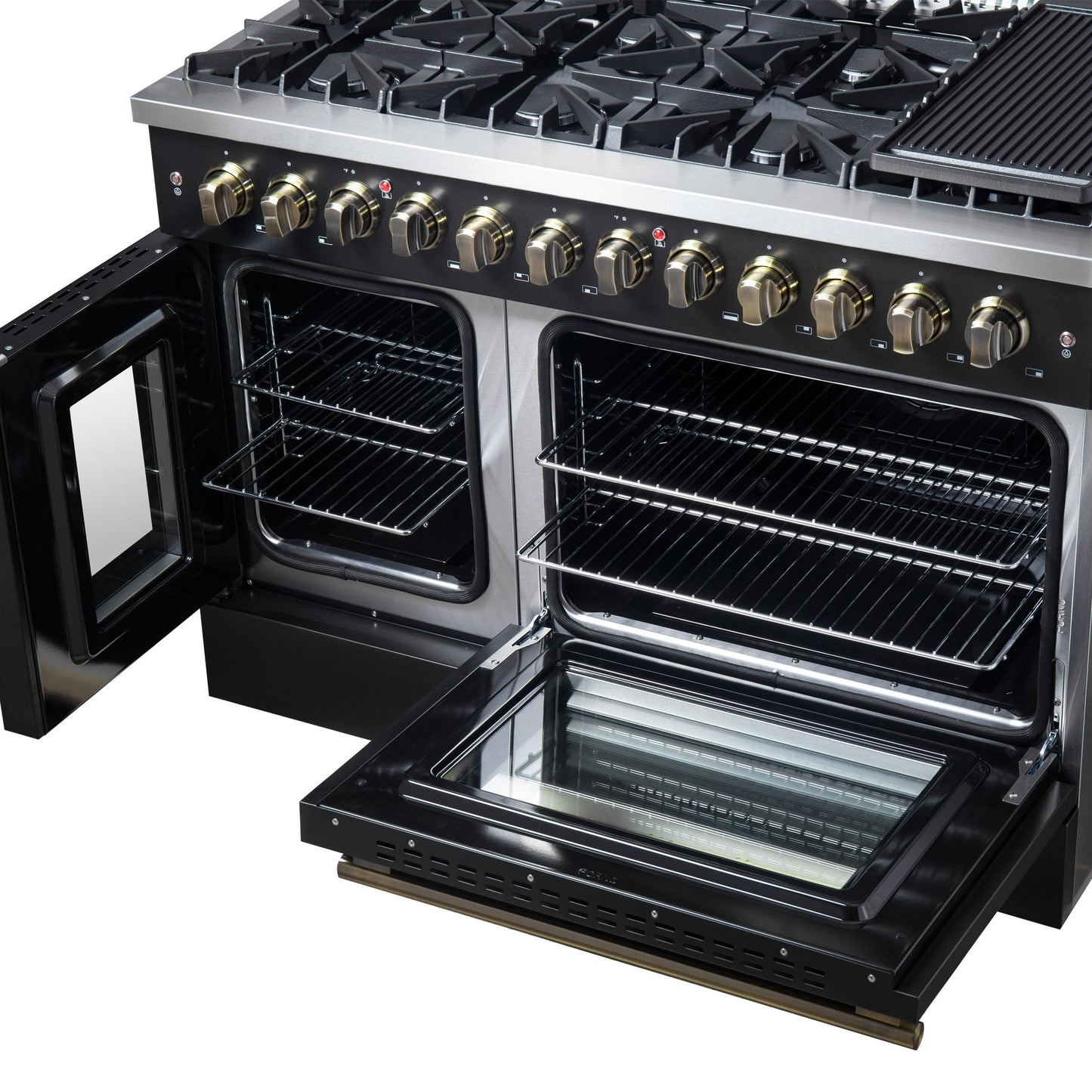 Forno FFSGS635648BLK Forno Galiano 48-Inch French Door Dual Fuel Range, Black & Antique Brass Design, 8 Sealed Burners - 107,000 Btu, Griddle, 6.58 Cu.Ft. Double Ovens