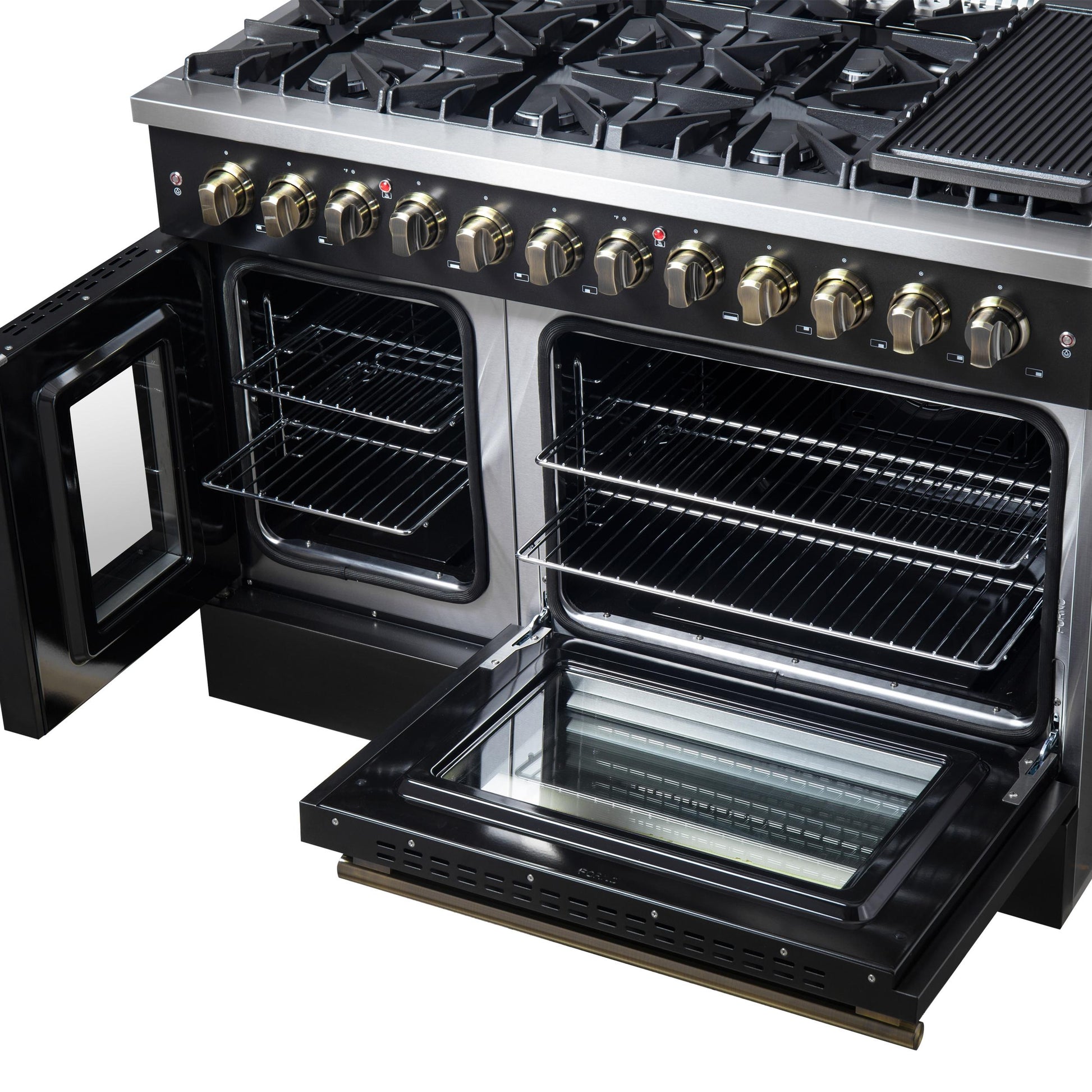 Forno FFSGS635648BLK Forno Galiano 48-Inch French Door Dual Fuel Range, Black & Antique Brass Design, 8 Sealed Burners - 107,000 Btu, Griddle, 6.58 Cu.Ft. Double Ovens