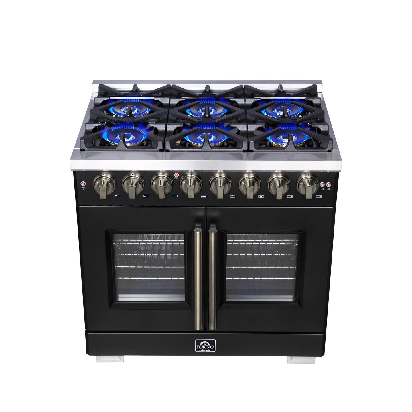 Forno FFSGS638736BLK Forno Capriasca 36 Inch Freestanding French Door Dual Fuel Range In Black With Antique Brass Accessories, 6 Burners, True Convection Oven