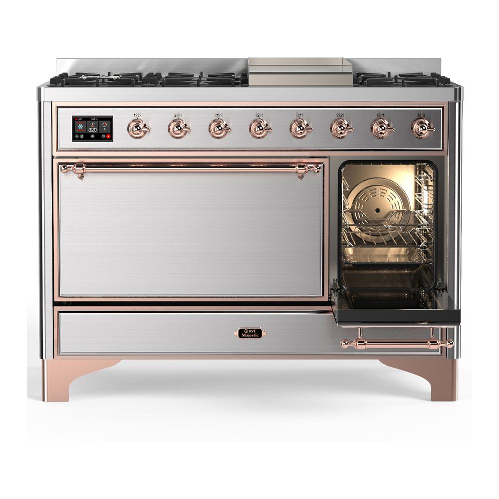 Ilve UM48FQNR3SSP Ilve Um48Fqnr3Ssp Majestic Iii 48 Inch Dual Fuel Range With 8 Burners And Griddle, Dual Function Burner Up To 25,000 Btu (Natural Gas, Solid Door, Stainless Steel, Copper)